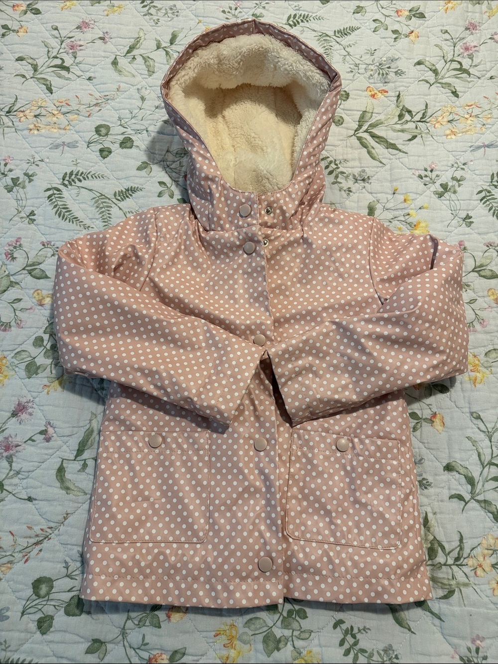 C&C California Kids Light Pink Polka Dot Hooded Raincoat with Sherpa Lining 4